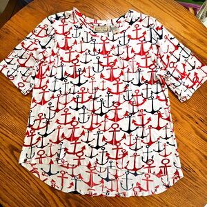 Life Style Top Womens XL Extra Large Red White Blue Anchor Nautical Americana